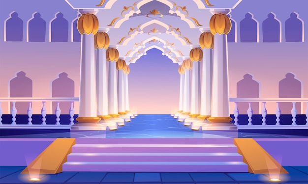 Free vector castle corridor with staircase, columns and arches