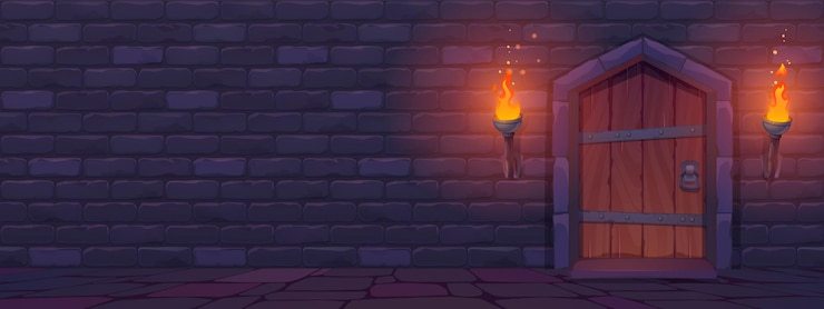 Free Vector castle dungeon brick wall cartoon background for game dark ancient fantasy palace corridor interior illustration underground scene tower indoor doorway to knock with torch fire light scene