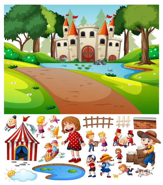 Free vector castle in the forest scene with cartoon character