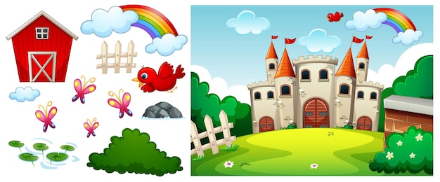 Free vector castle in the forest scene with isolated cartoon character and objects