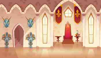 Free vector castle hall with windows. interior of royal ballroom with throne, table and guards in knight