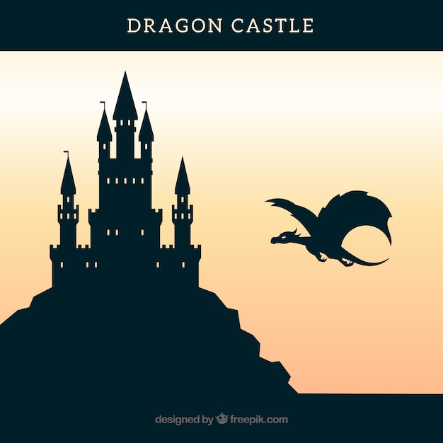 Castle silhouette background with dragon flying