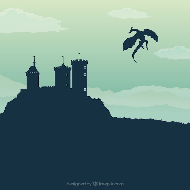 Free vector castle silhouette background with dragon flying