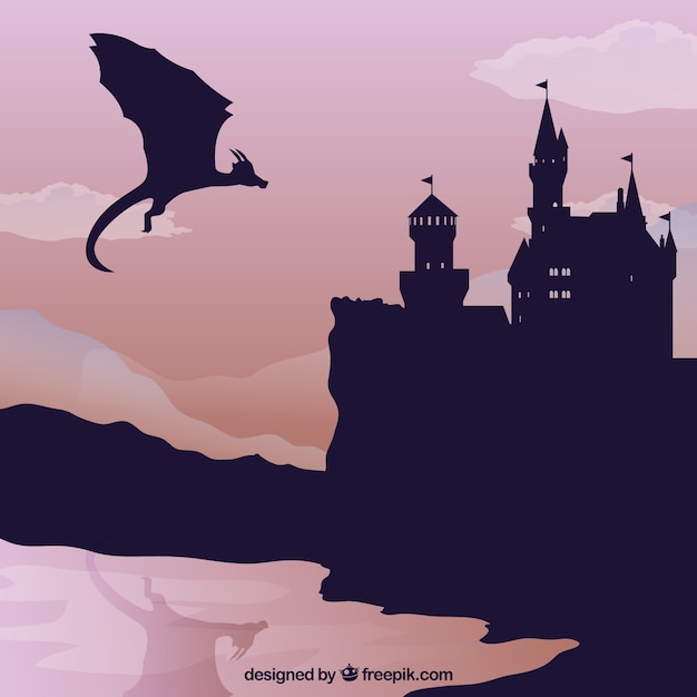 ドラゴン飛行と城のシルエットの背景