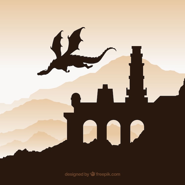 Free vector castle silhouette background with dragon flying