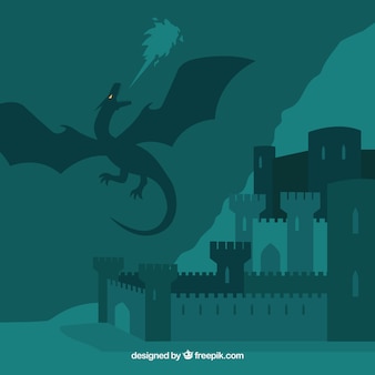 Замок силуэт фон с драконом полет