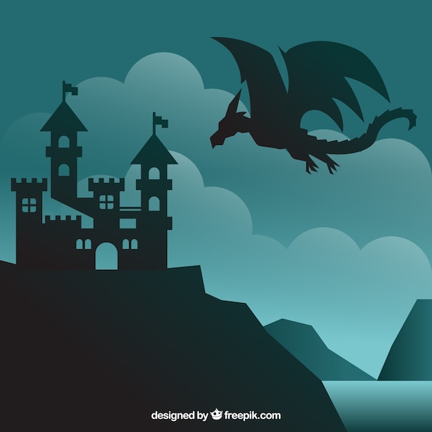 Free vector castle silhouette background with dragon flying