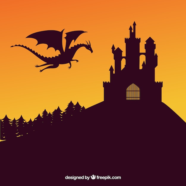 ドラゴン飛行と城のシルエットの背景