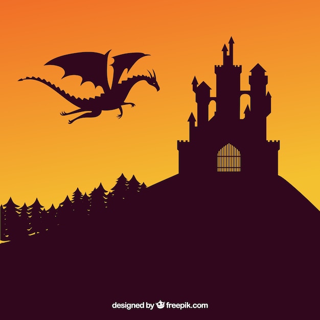 Castle silhouette background with dragon flying