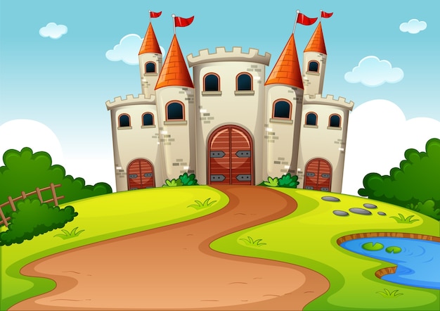 Free vector castle tower fairytale land cartoon scene