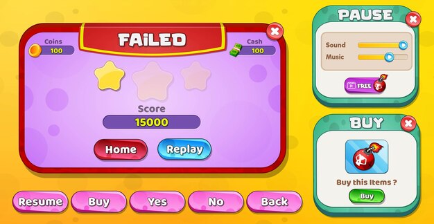 カジュアルな漫画の子供向けゲームのuiレベルが失敗し ストアメニューがスターボタンでポップアップする プレミアムベクター