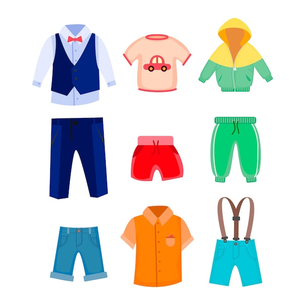 Casual and formal clothes for boys illustrations set