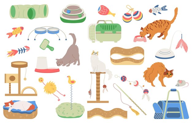 Free vector cat accessories set with flat isolated icons of pet carriers litter trays toys and various cats vector illustration