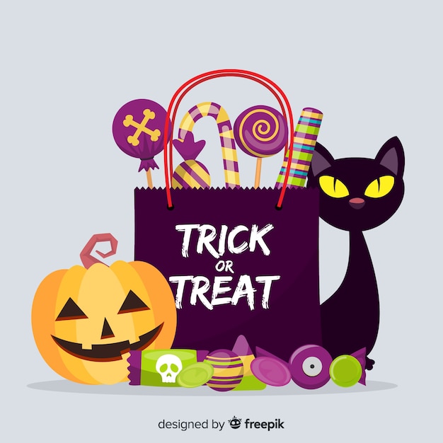 Бесплатное векторное изображение Кошка и тыква рядом с сумкой, полной конфет