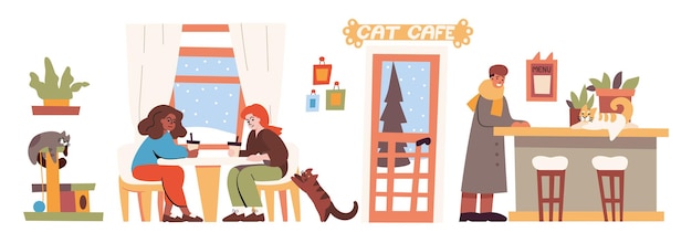 Cat cafe interior with people and pets. Vector flat illustration of coffee shop with kittens on counter and cat climbing tower, women sitting at table, man, plants and winter background behind windows