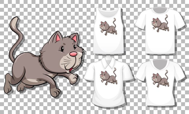 Cat cartoon character with set of different shirts isolated on transparent background