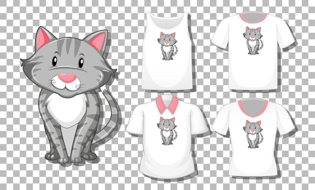 Free vector cat cartoon character with set of different shirts isolated on transparent