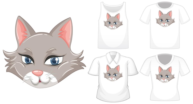 Free vector cat cartoon character with set of different shirts isolated on white background