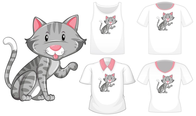 Free vector cat cartoon character with set of different shirts isolated on white background