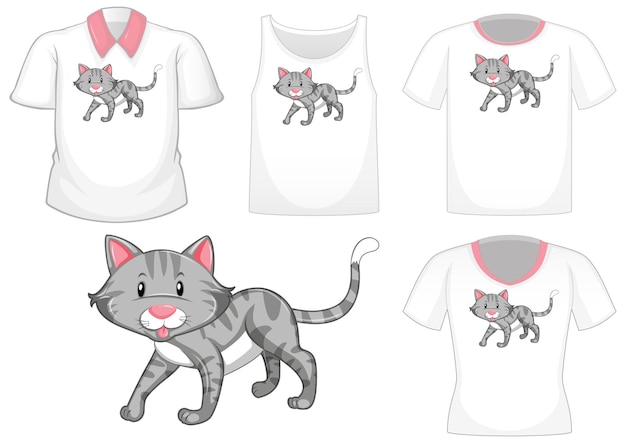 Cat cartoon character with set of different shirts isolated on white background