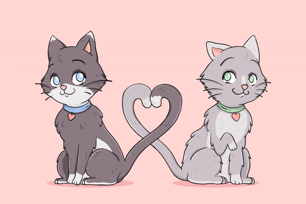 Cat couple in love tangling their tails
