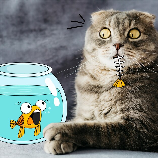 고양이 먹는 낙서 물고기