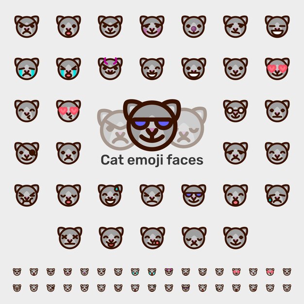 かわいい猫の顔 猫は顔文字 子猫の顔の表情に向かいます 幸せな笑顔 悲しい 怒っているとウインク猫のイラスト 動物の感情と感情を設定します 漫画のキャラクターの絵文字 プレミアムベクター
