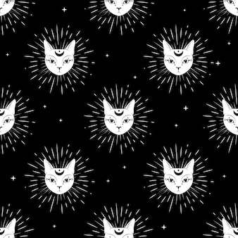 夜空に月とバイオレットの猫の顔シームレスなパターンの背景 プレミアムベクター 夜空に月とバイオレットの猫の顔シームレスなパターンの背景 プレミアムベクター