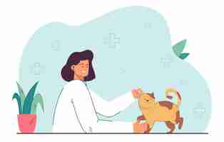 Free vector cat health checkup by vet at veterinary clinic. woman stroking happy kitten flat vector illustration. pet care, medicine for domestic animals concept for banner, website design or landing web page