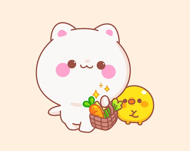 Cat holding vegetable basket with duck cartoon illustration