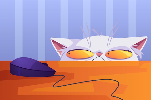 Cat hunt on computer mouse lying on table. cartoon curious pet with white fur and squinted yellow eyes peeping out from under the table looking on electronic device from laptop, vector illustration