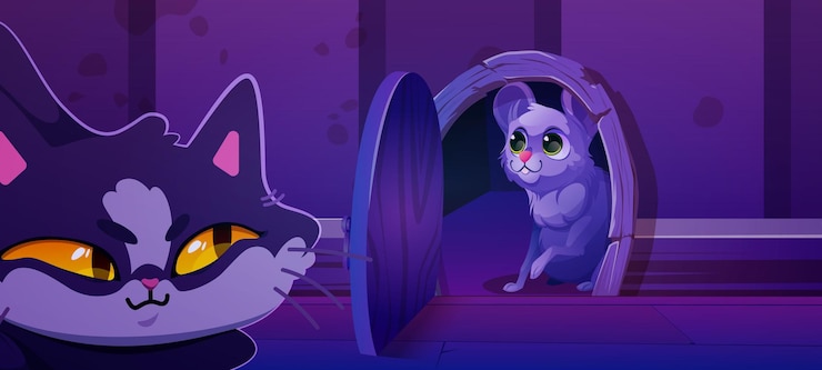 Free Vector cat lurk and track mouse near tiny house door
