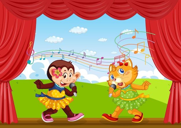 Free vector cat and monkey performing singing on stage