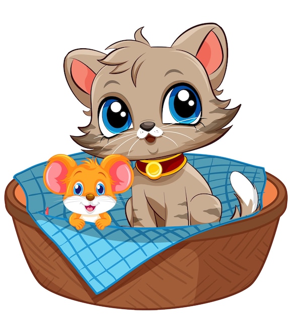 Cat and mouse cartoon characters sitting in basket