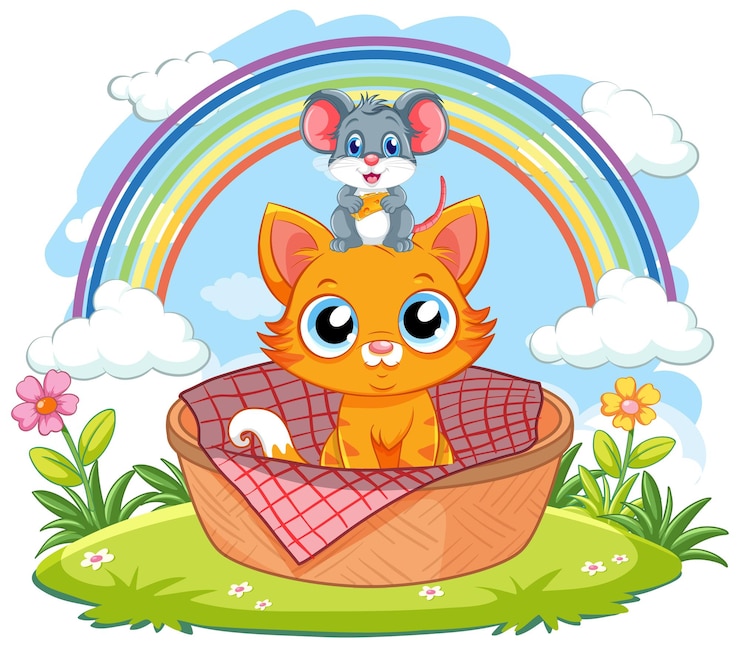 मुफ़्त वेक्टर cat and mouse cartoon characters sitting in basket