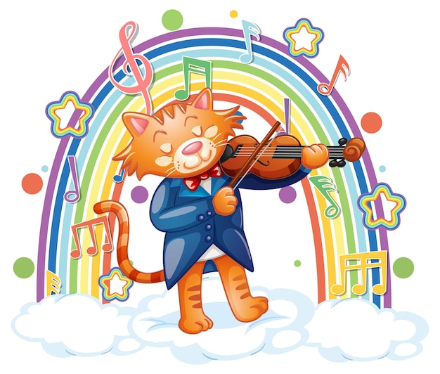 Cat playing violin with melody symbols on rainbow