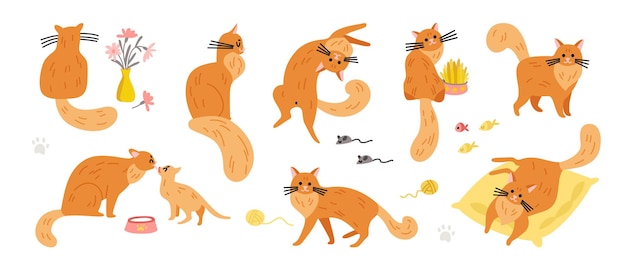 Cat set of isolated images of ginger colored pets with various\
accessories fish and mouse icons vector illustration