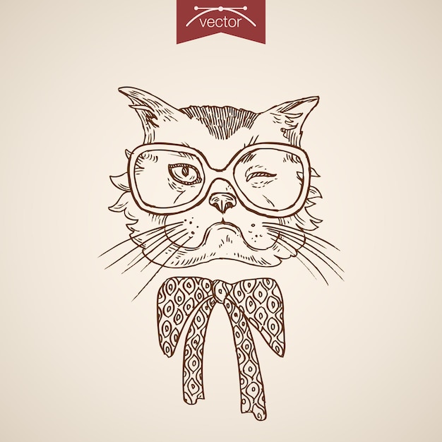 猫のウィンクヘッドヒップスタースタイルの人間のような服のアクセサリーを身に着けているメガネデザインのスカーフ。