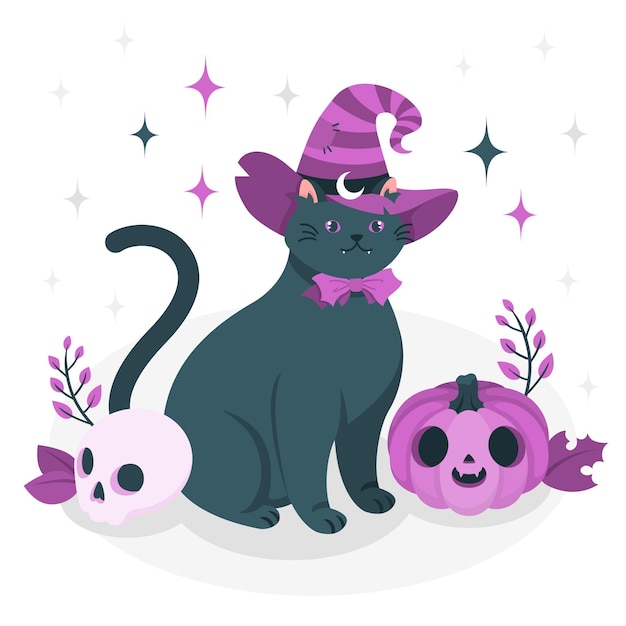 Free vector cat with a witch hat concept illustration