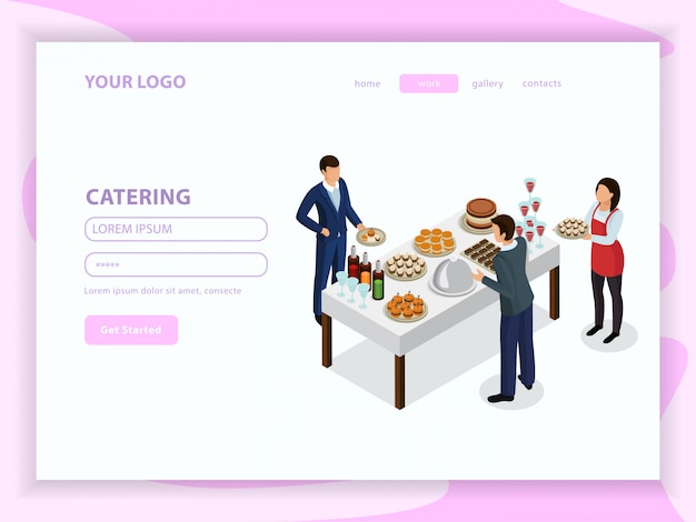 Кейтеринг изометрическая веб-страница с официантом и посетителями возле стола с напитками и едой