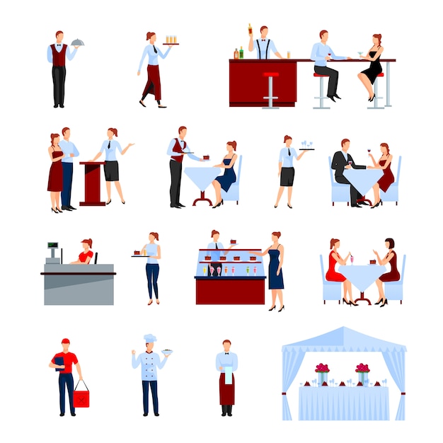 Catering in the restaurant character set with tables and waiters flat isolated vector illustration