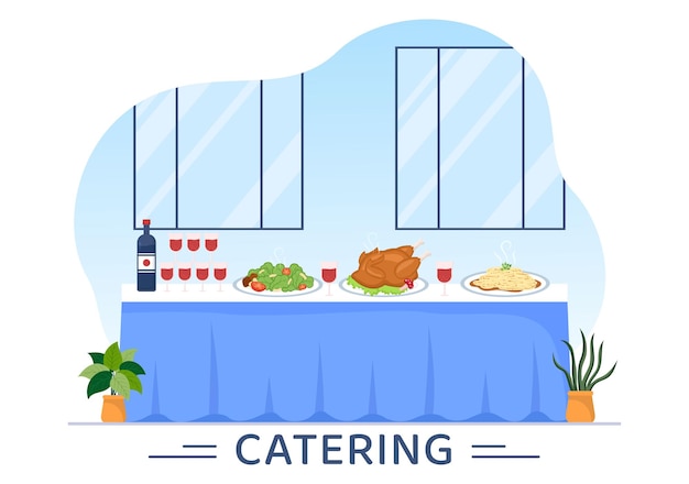 Иллюстрация кейтеринга для корпоративных встреч или свадебных банкетов в кафе или ресторане