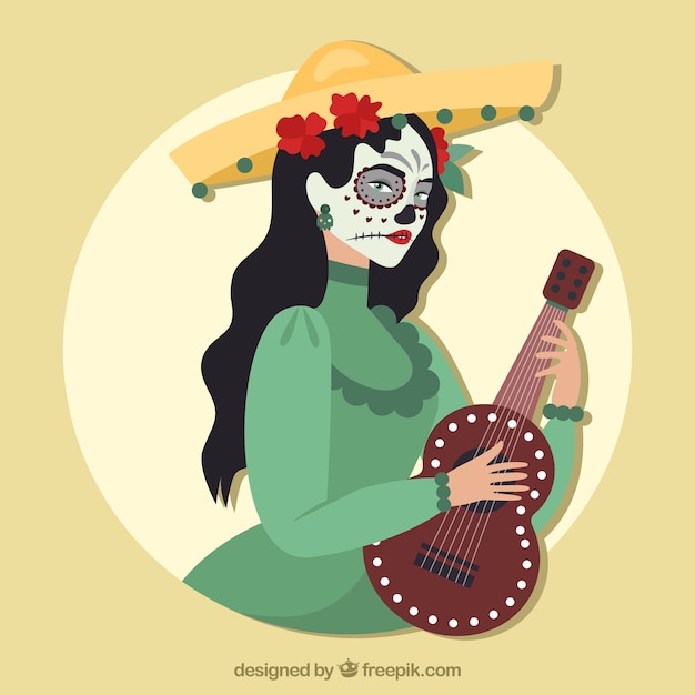 평면 디자인에 기타와 함께 catrina 배경