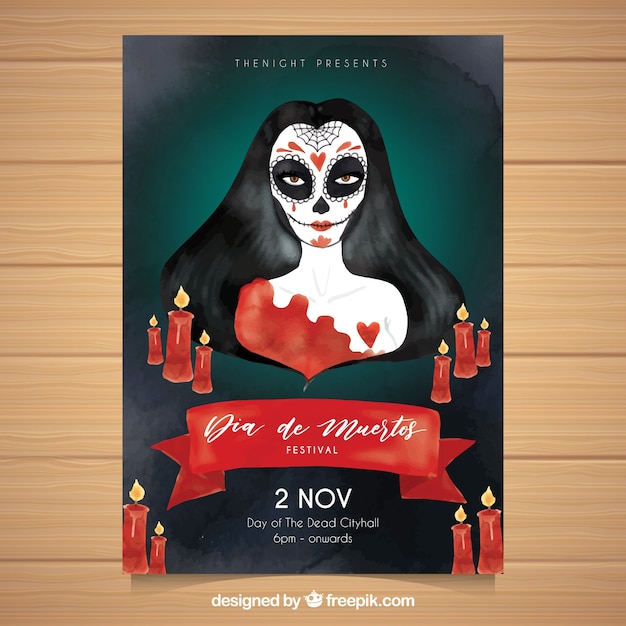 Free vector catrina poster with red watercolor candles