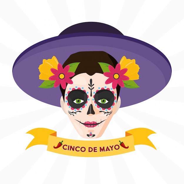 Cranio di catrina con il nastro della celebrazione messicana sopra bianco