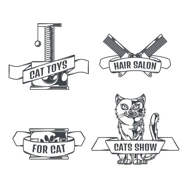 Cats and accessories set of logos in vintage style