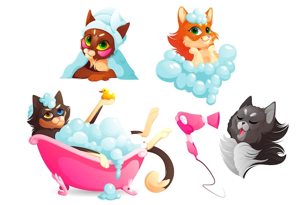 Free vector cats or dogs spa and grooming service, funny kittens and puppies enjoying salon procedures, pets dry hair with fan and towel, take bath in tub with shampoo bubbles and rubber duck. cartoon vector set