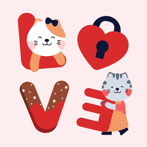 Бесплатное векторное изображение Кошки с текстом любви, концепция валентина