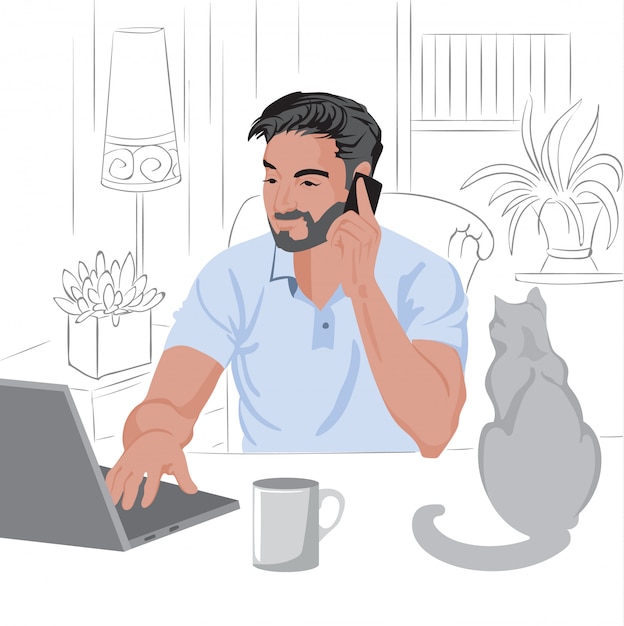 Free vector caucasian man with beard and dark hair working from home on laptop.