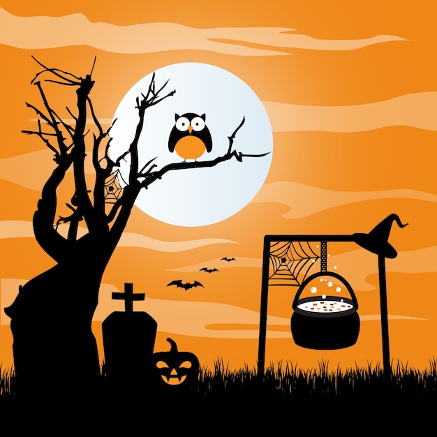 Cauldron in graveyard halloween background